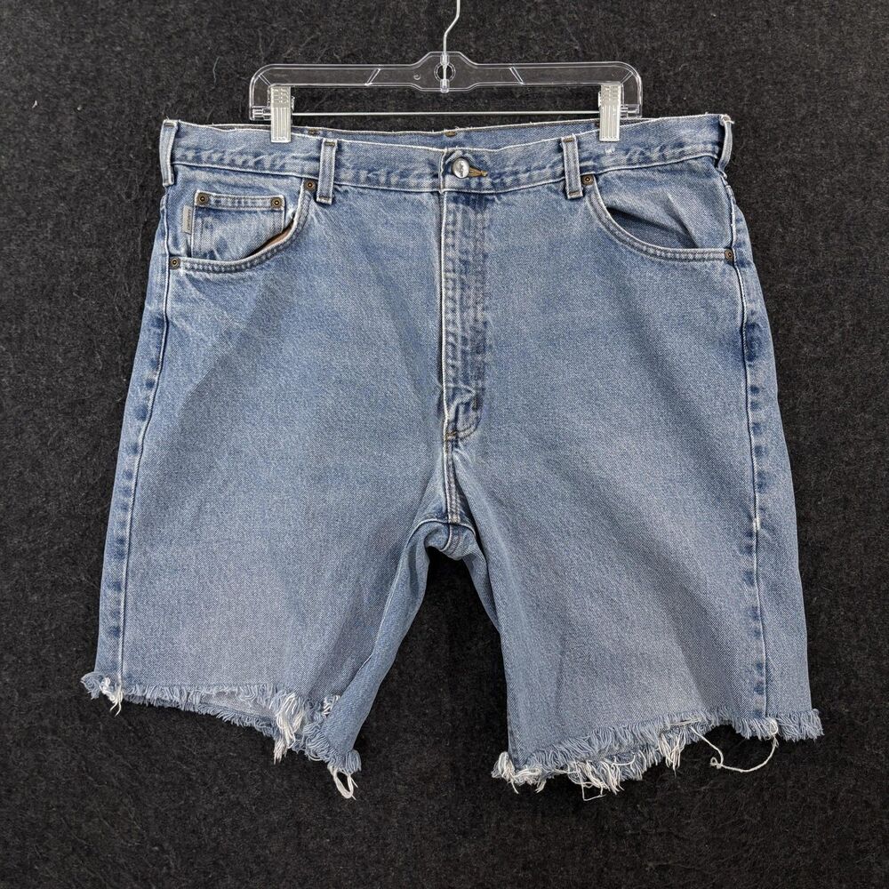 Carhartt Jean Shorts Men's 40 Light Blue Denim 10" Frayed Raw Hem Cutoff Jorts
